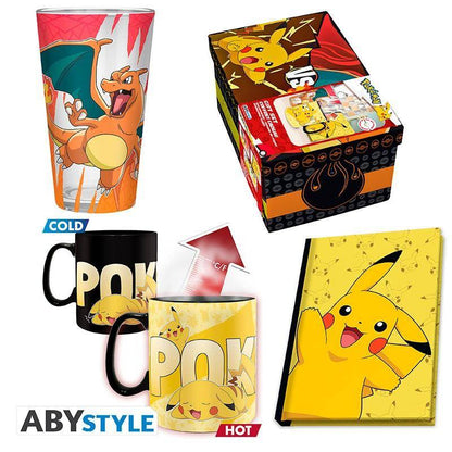 Pokémon - Geschenkset Pikachu & Glurak - Glas, Wärmewechsel Tasse & Notizbuch