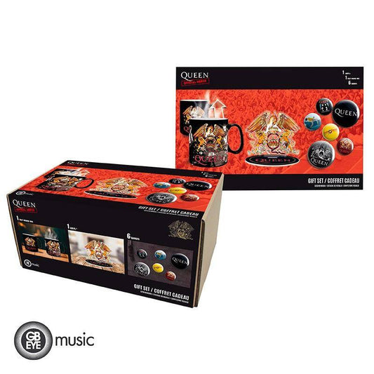 Queen - Geschenkset Band - Tasse mit Thermoeffekt, Acryl Aufsteller & Buttons