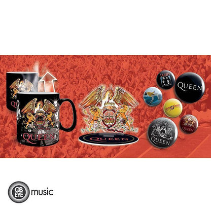 Queen - Geschenkset Band - Tasse mit Thermoeffekt, Acryl Aufsteller & Buttons