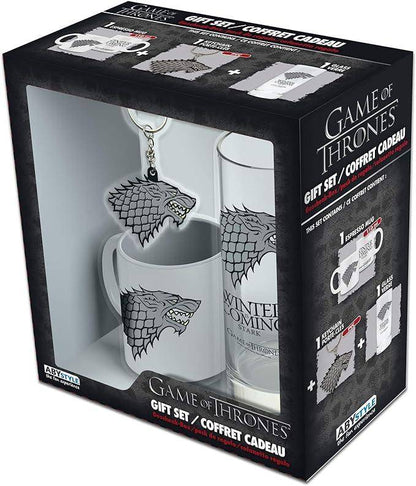 Game of Thrones - Geschenkset Haus Stark - Glas, Schlüsselanhänger & Tasse