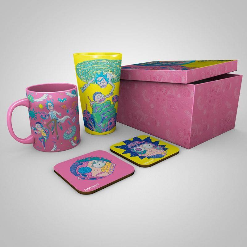Rick and Morty - Geschenkset Pink & Gelb - Glas, Tasse & Untersetzer
